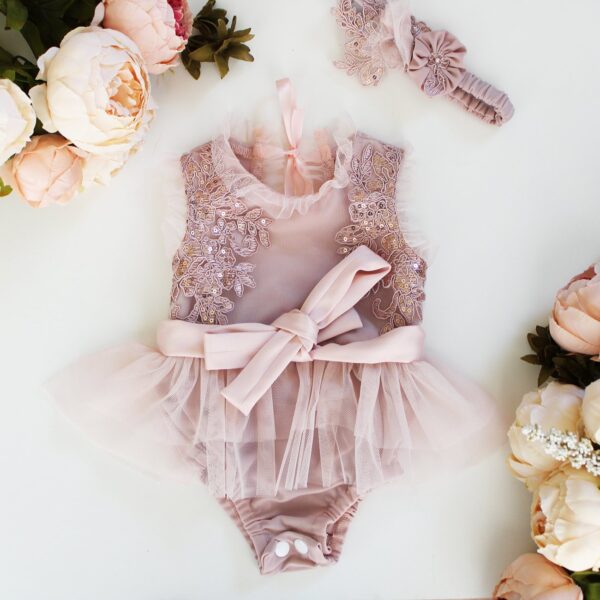 Tiny Necessities - Champagne Pink Lace Ballerina Tutu Romper (Headband Included)